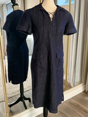 Talbots Linen Cotton Denim Dress 4 NWOT Dark Indigo Utility Safari Vintage Y2K
